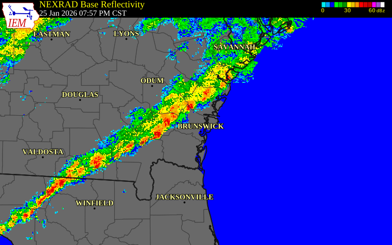 NEXRAD radar during the Sunday, January 25, 2026 storm activity in Glynn County, Georgia