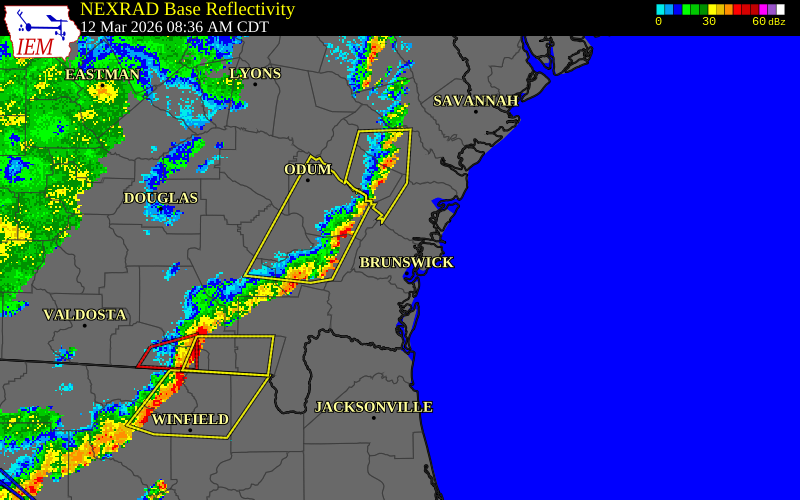 NEXRAD radar during the Thursday, March 12, 2026 storm activity in Glynn County, Georgia