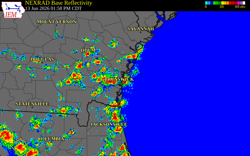 NEXRAD radar during the Saturday, June 13, 2026 storm activity in Glynn County, Georgia