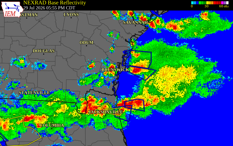 NEXRAD radar during the Wednesday, July 29, 2026 storm activity in Glynn County, Georgia