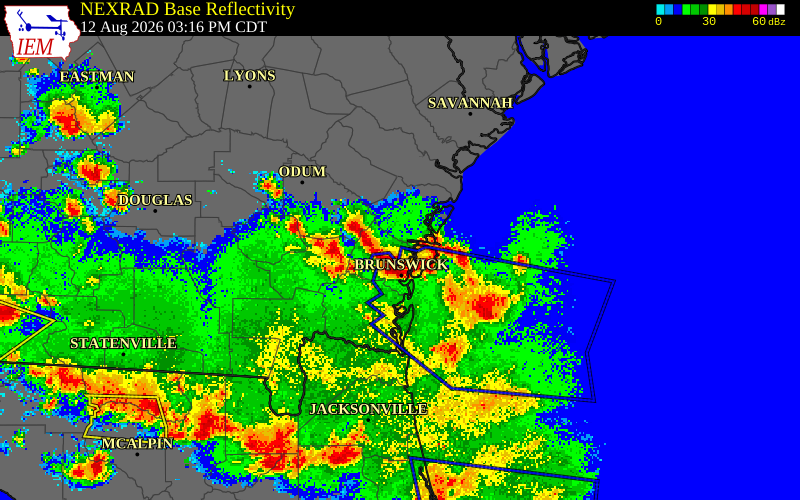 NEXRAD radar during the Wednesday, August 12, 2026 storm activity in Glynn County, Georgia
