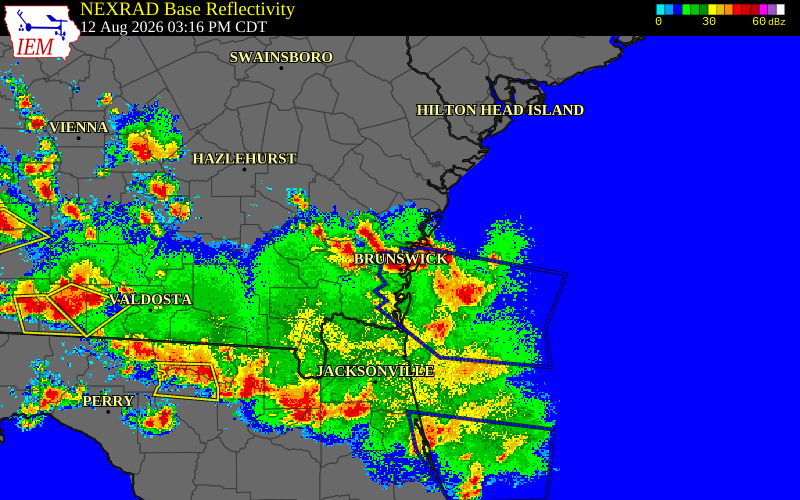 Radar snapshot during the Aug 12, 2026 wind event near Glynn County, Glynn County, Georgia, with NWS warning polygons