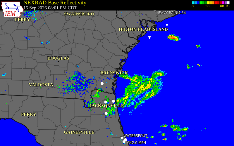 Current NEXRAD radar over Glynn County, Georgia with recent storm report locations