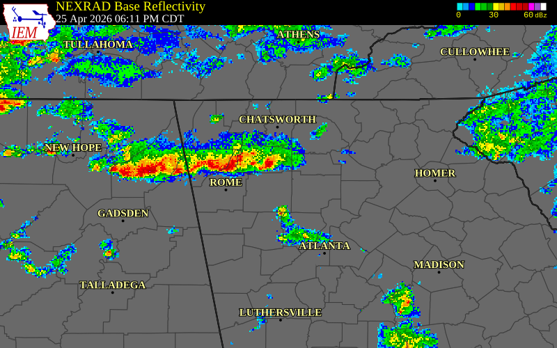NEXRAD radar during the Saturday, April 25, 2026 storm activity in Gordon County, Georgia