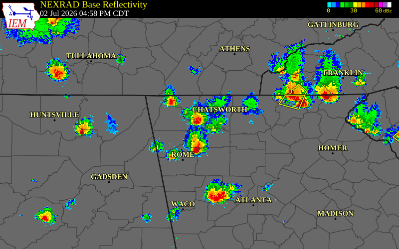 NEXRAD radar during the Thursday, July 2, 2026 storm activity in Gordon County, Georgia