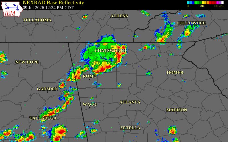 NEXRAD radar during the Thursday, July 9, 2026 storm activity in Gordon County, Georgia