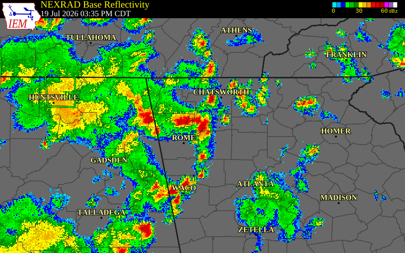 NEXRAD radar during the Sunday, July 19, 2026 storm activity in Gordon County, Georgia