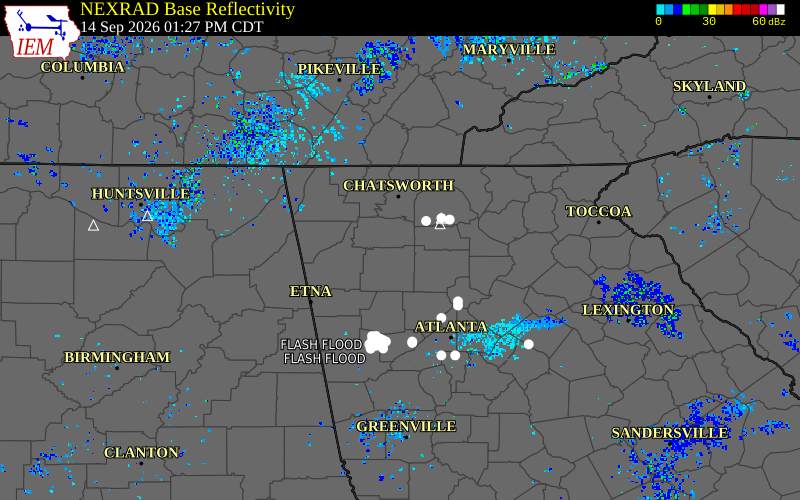 Current NEXRAD radar over Gordon County, Georgia with recent storm report locations
