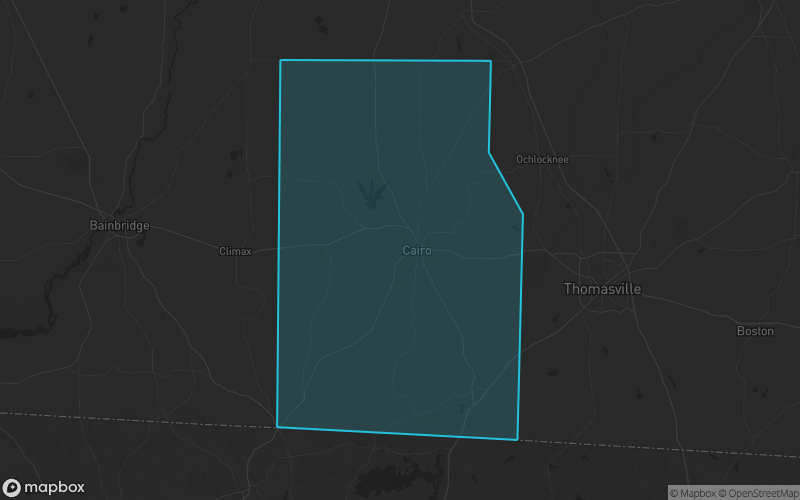 Map of Grady County, Georgia showing the county boundary and surrounding cities