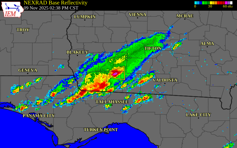 NEXRAD radar during the Sunday, November 9, 2025 storm activity in Grady County, Georgia