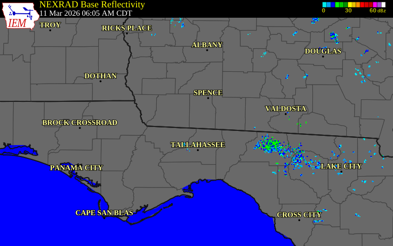 NEXRAD radar during the Wednesday, March 11, 2026 storm activity in Grady County, Georgia