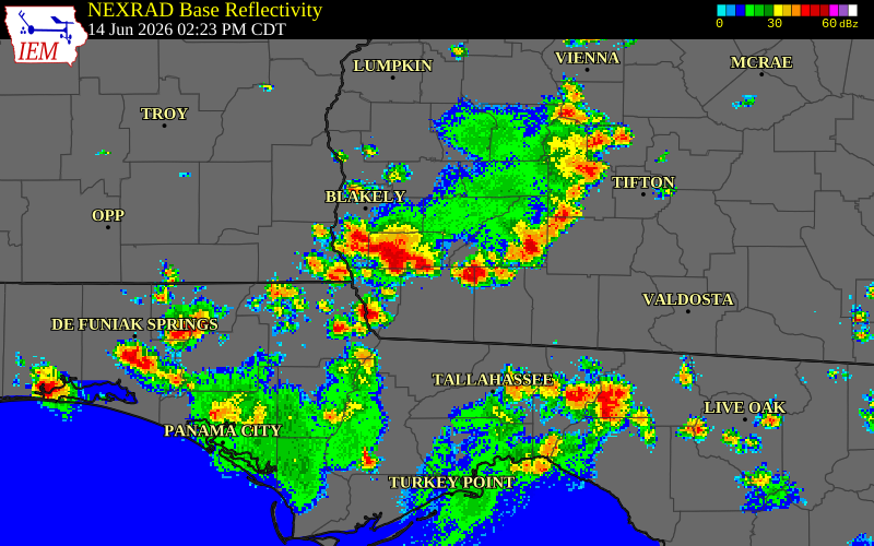 NEXRAD radar during the Sunday, June 14, 2026 storm activity in Grady County, Georgia