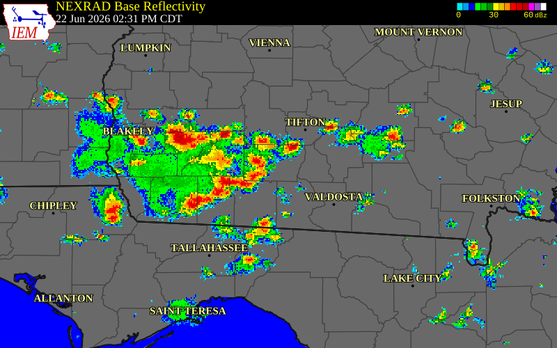 NEXRAD radar during the Monday, June 22, 2026 storm activity in Grady County, Georgia