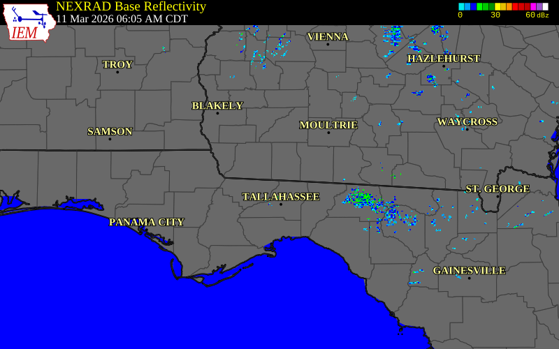 Radar snapshot during the Mar 11, 2026 tornado event near 1 SSW Reno, Grady County, Georgia, with NWS warning polygons