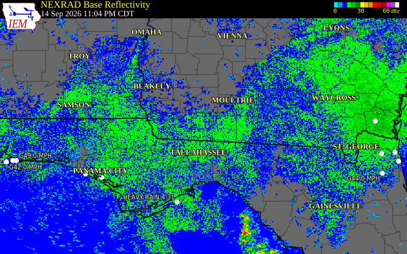 Current NEXRAD radar over Grady County, Georgia with recent storm report locations