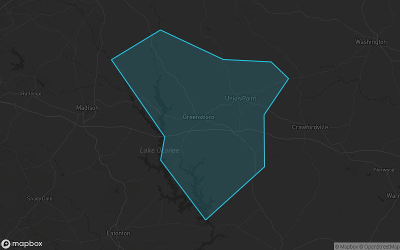 Map of Greene County, Georgia showing the county boundary and surrounding cities