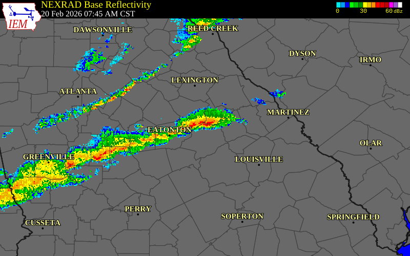 NEXRAD radar during the Friday, February 20, 2026 storm activity in Greene County, Georgia