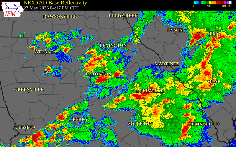 NEXRAD radar during the Saturday, May 23, 2026 storm activity in Greene County, Georgia