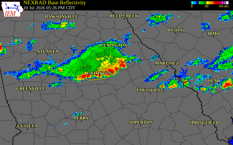 NEXRAD radar during the Friday, July 10, 2026 storm activity in Greene County, Georgia