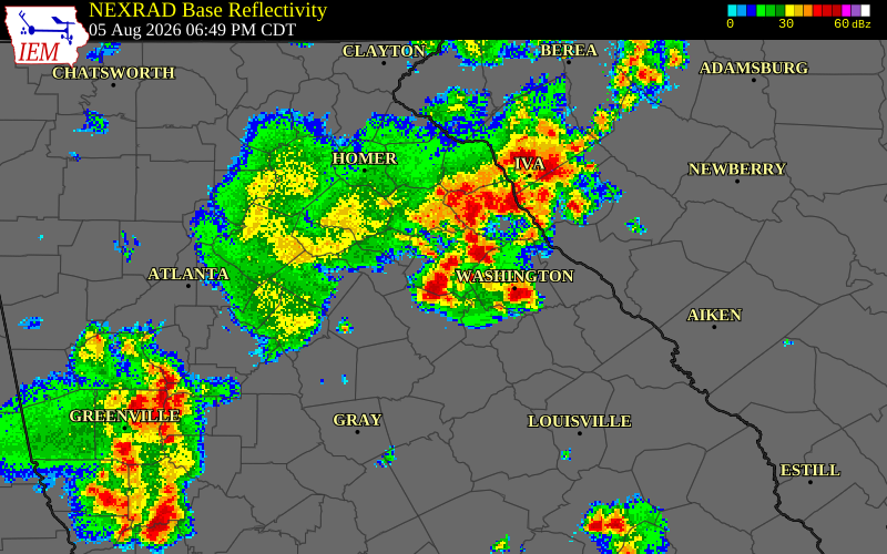 NEXRAD radar during the Wednesday, August 5, 2026 storm activity in Greene County, Georgia