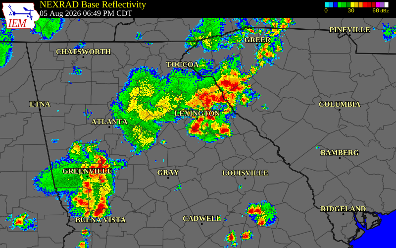Radar snapshot during the Aug 5, 2026 wind event near Greene County, Greene County, Georgia, with NWS warning polygons