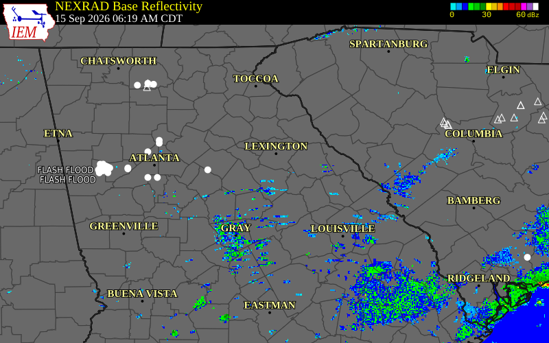 Current NEXRAD radar over Greene County, Georgia with recent storm report locations