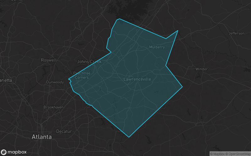 Map of Gwinnett County, Georgia showing the county boundary and surrounding cities