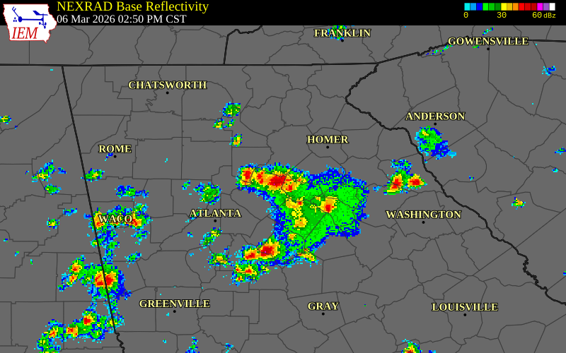 NEXRAD radar during the Friday, March 6, 2026 storm activity in Gwinnett County, Georgia