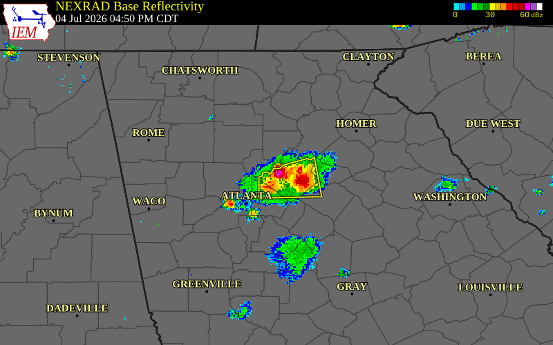 NEXRAD radar during the Saturday, July 4, 2026 storm activity in Gwinnett County, Georgia