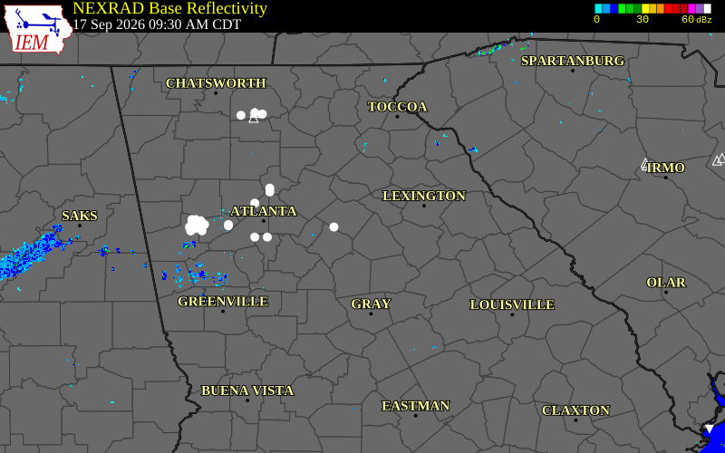 Current NEXRAD radar over Gwinnett County, Georgia with recent storm report locations