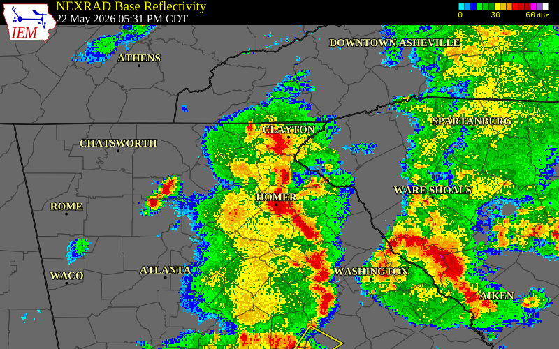 NEXRAD radar during the Friday, May 22, 2026 storm activity in Habersham County, Georgia