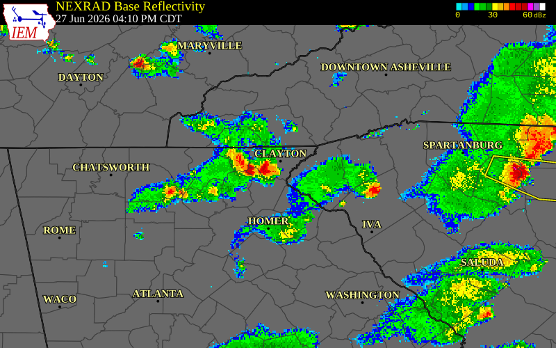 NEXRAD radar during the Saturday, June 27, 2026 storm activity in Habersham County, Georgia