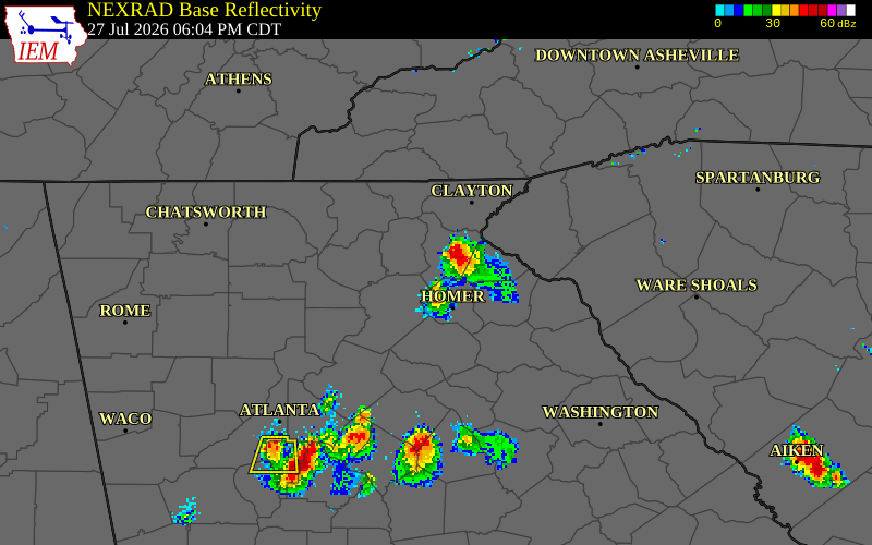 NEXRAD radar during the Monday, July 27, 2026 storm activity in Habersham County, Georgia