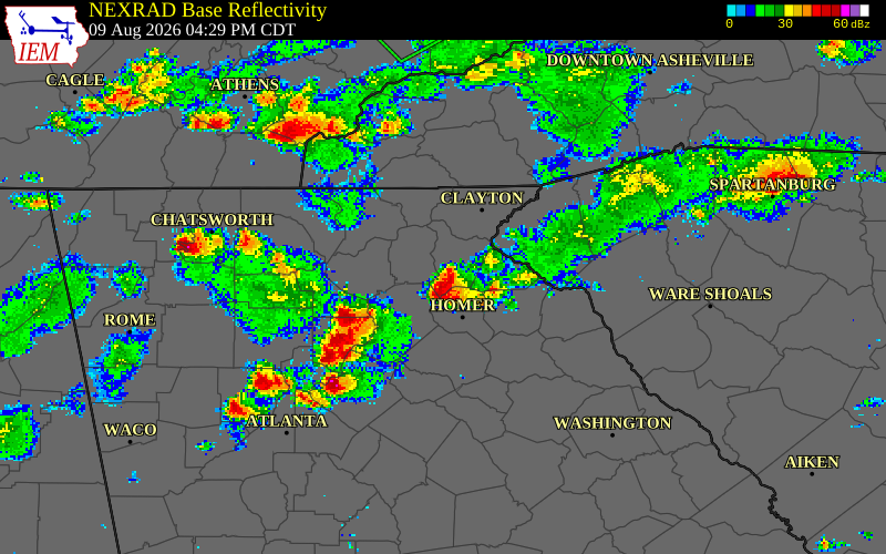 NEXRAD radar during the Sunday, August 9, 2026 storm activity in Habersham County, Georgia