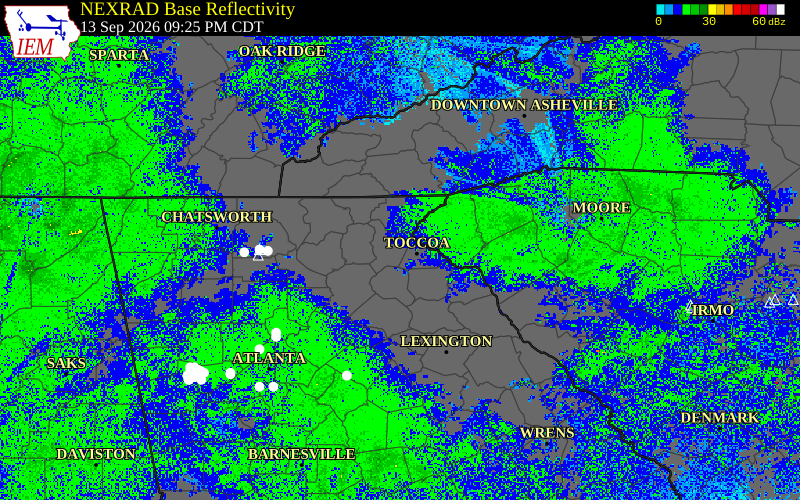 Current NEXRAD radar over Habersham County, Georgia with recent storm report locations