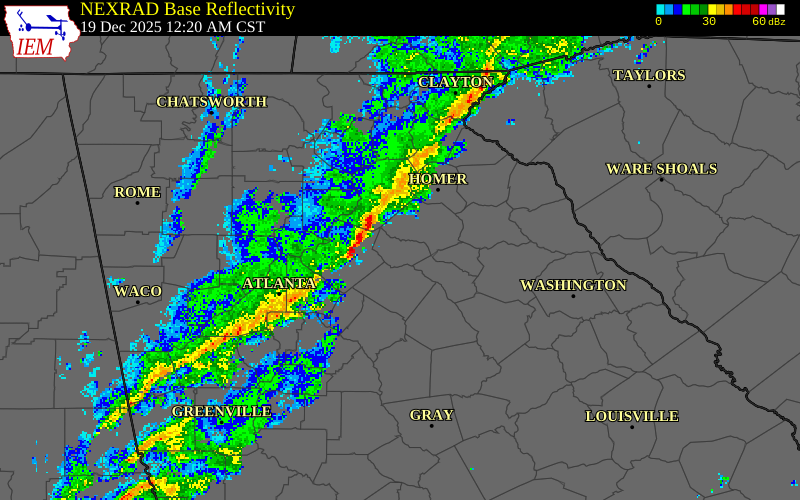 NEXRAD radar during the Friday, December 19, 2025 storm activity in Hall County, Georgia