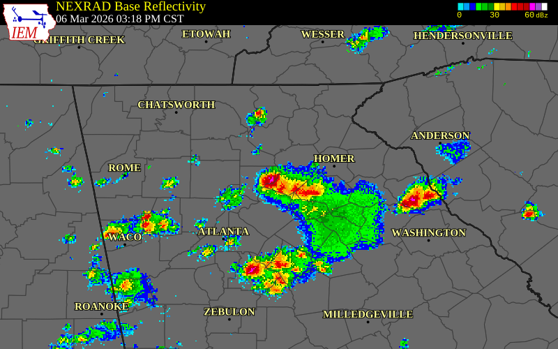 NEXRAD radar during the Friday, March 6, 2026 storm activity in Hall County, Georgia