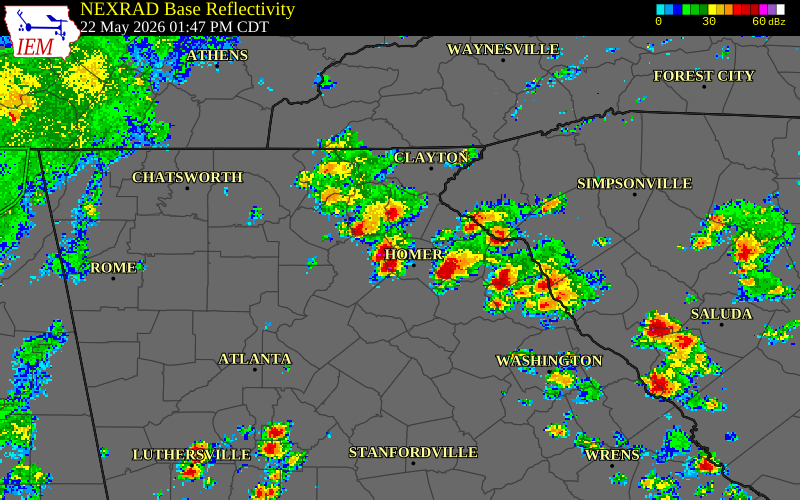NEXRAD radar during the Friday, May 22, 2026 storm activity in Hall County, Georgia
