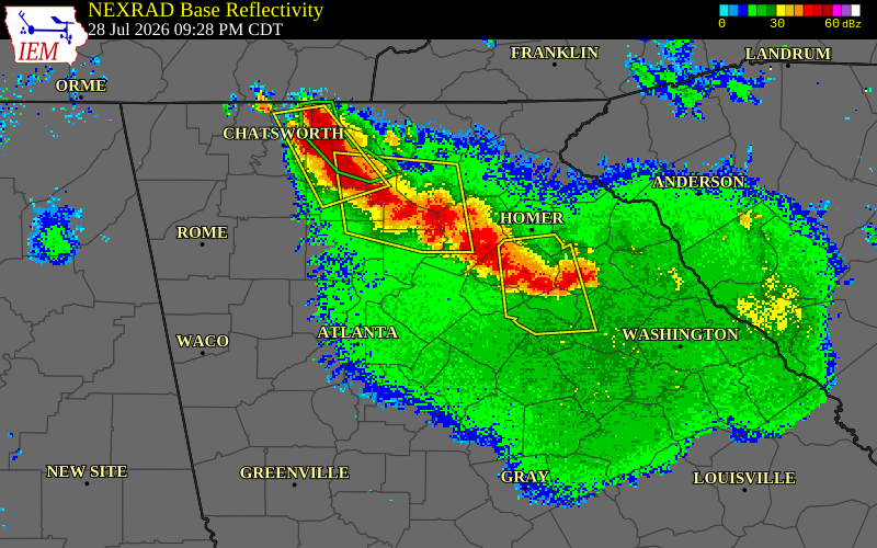 NEXRAD radar during the Tuesday, July 28, 2026 storm activity in Hall County, Georgia