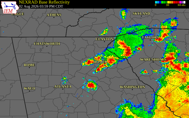 NEXRAD radar during the Sunday, August 2, 2026 storm activity in Hall County, Georgia
