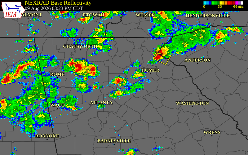 NEXRAD radar during the Sunday, August 9, 2026 storm activity in Hall County, Georgia