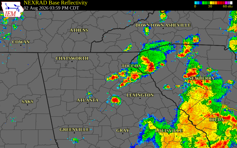 Radar snapshot during the Aug 2, 2026 wind event near Hall County, Hall County, Georgia, with NWS warning polygons