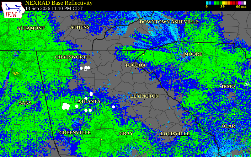 Current NEXRAD radar over Hall County, Georgia with recent storm report locations