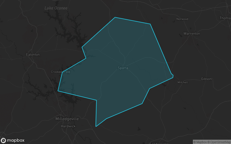 Map of Hancock County, Georgia showing the county boundary and surrounding cities