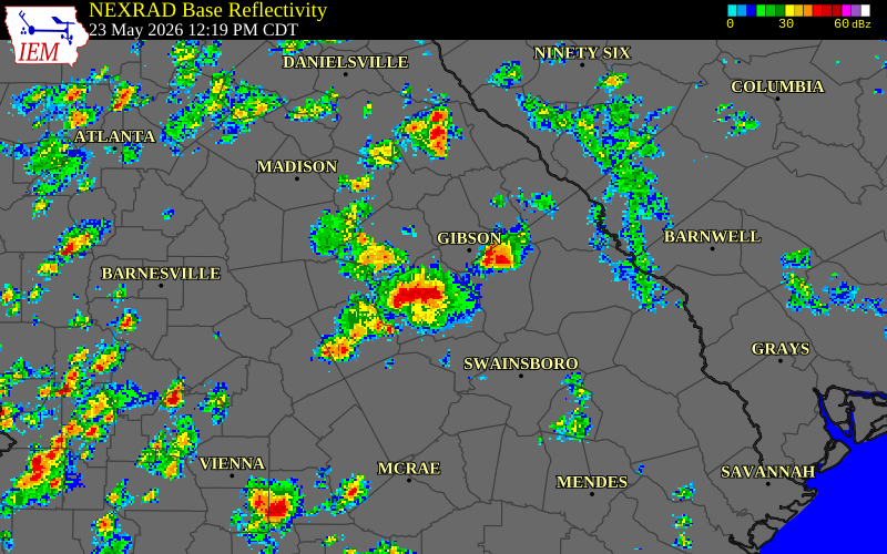 NEXRAD radar during the Saturday, May 23, 2026 storm activity in Hancock County, Georgia
