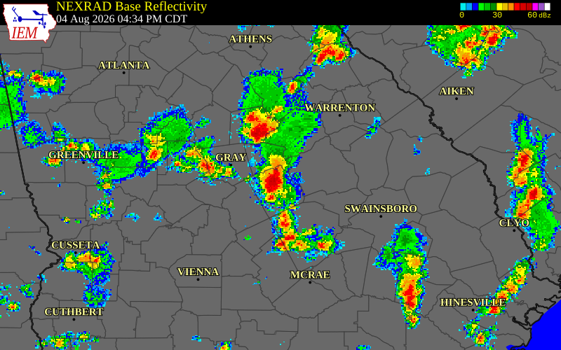 NEXRAD radar during the Tuesday, August 4, 2026 storm activity in Hancock County, Georgia