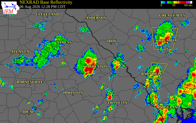 NEXRAD radar during the Thursday, August 6, 2026 storm activity in Hancock County, Georgia