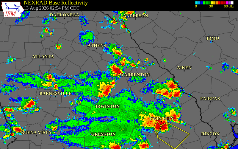 NEXRAD radar during the Thursday, August 13, 2026 storm activity in Hancock County, Georgia