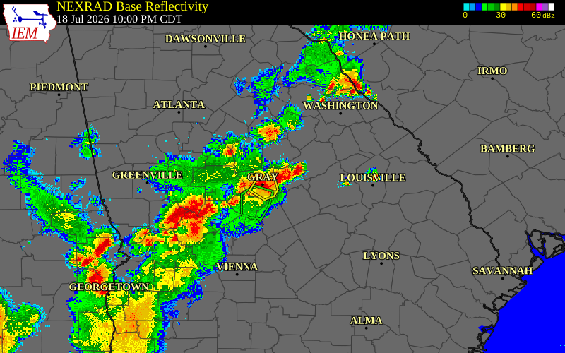 Radar snapshot during the Jul 18, 2026 wind event near Hancock County, Hancock County, Georgia, with NWS warning polygons