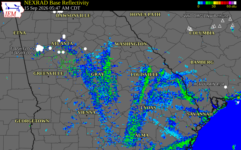 Current NEXRAD radar over Hancock County, Georgia with recent storm report locations